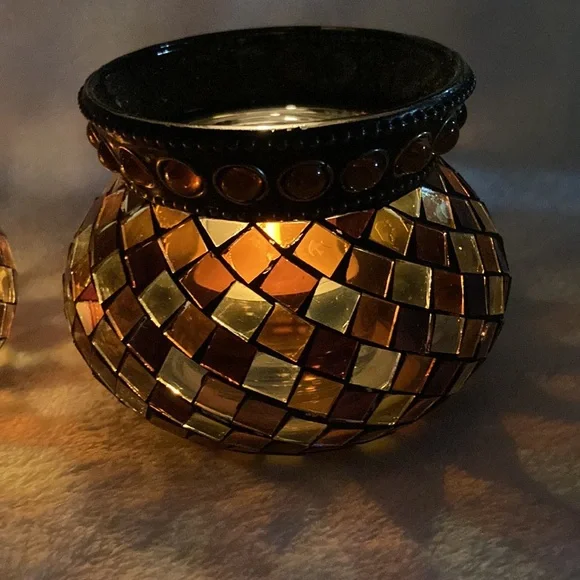 Partylite Mosaic Glass Candle Holders - Brown and Gold Set of 2 - Picture 3 of 16